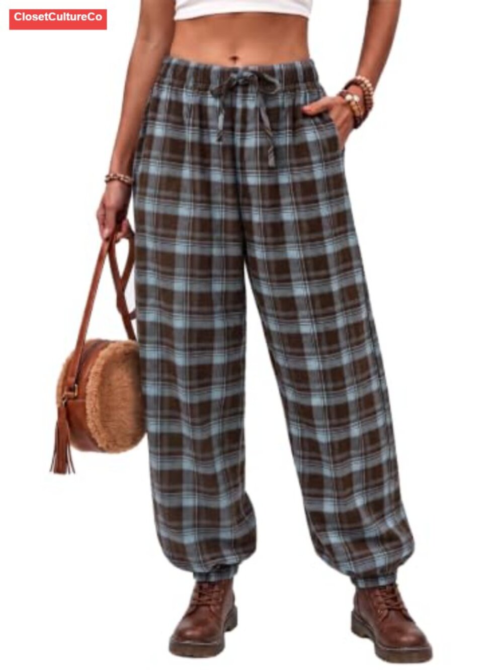 Plaid Jogger Pants Elastic Waist Drawstring Tapered Trousers